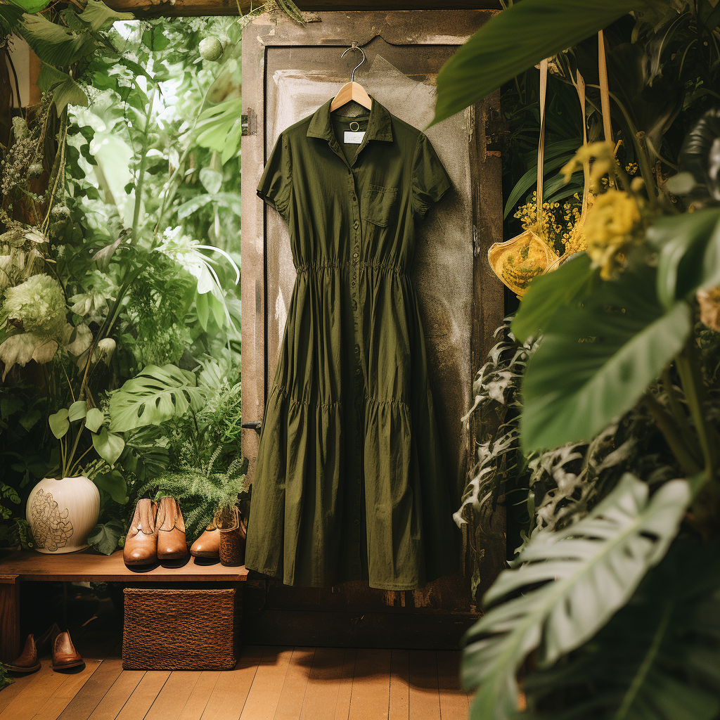 A Patagonia organic cotton dress hanging against a backdrop of earthy greens, surrounded by plants.