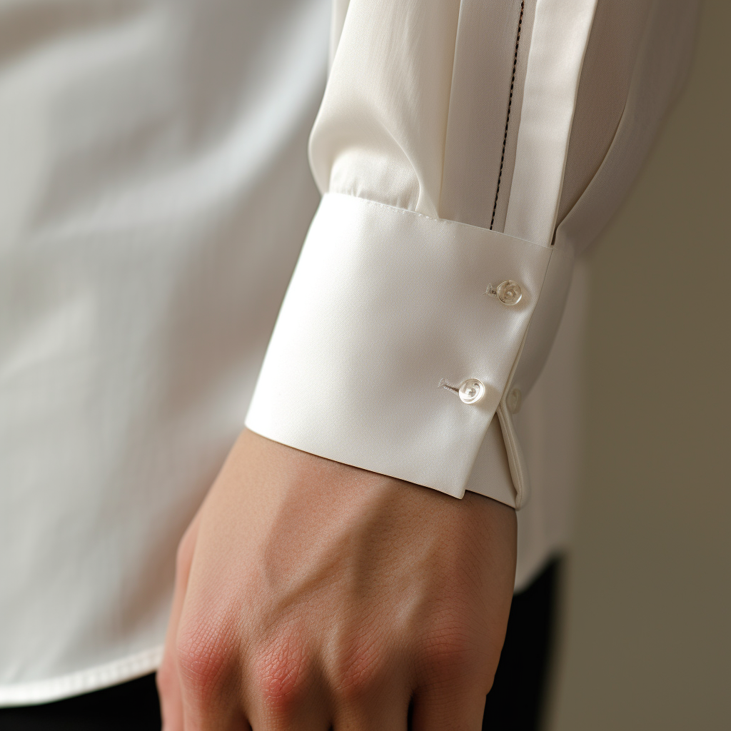 A close-up of an organic cotton dress shirt's cuff, emphasizing the white and off-white colors for elegance.