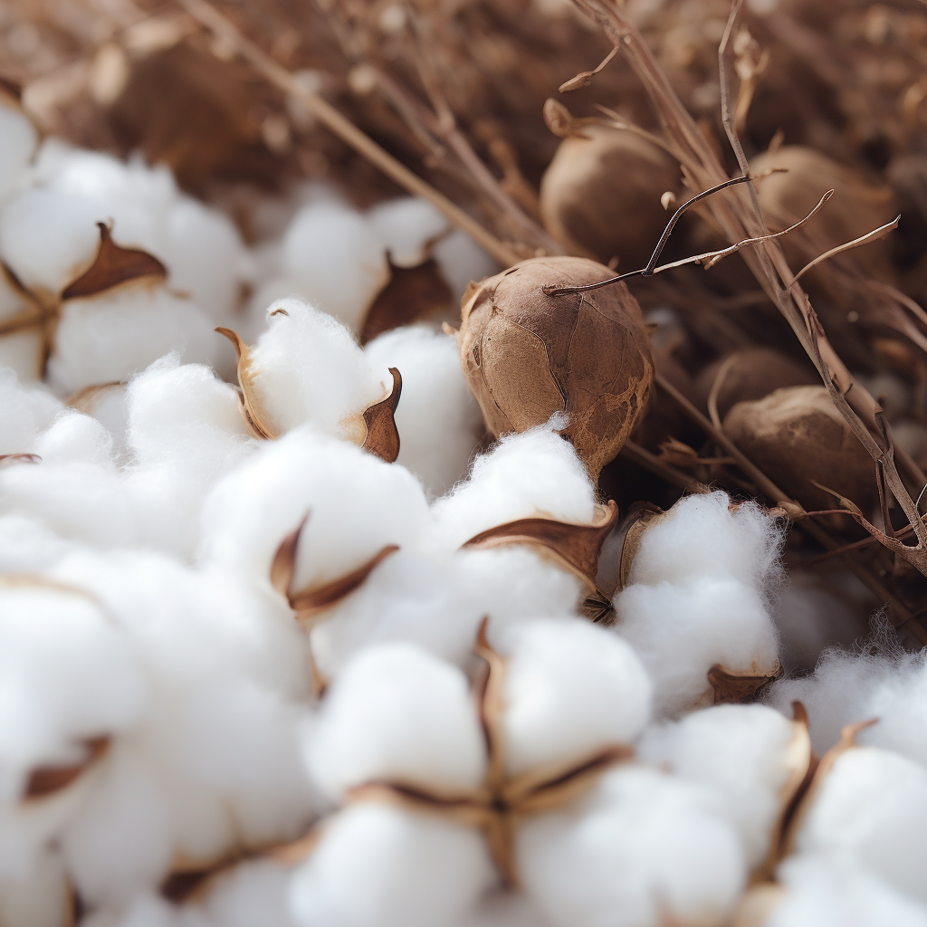 A close-up of raw organic cotton, showcasing the organic browns and whites of the natural material.