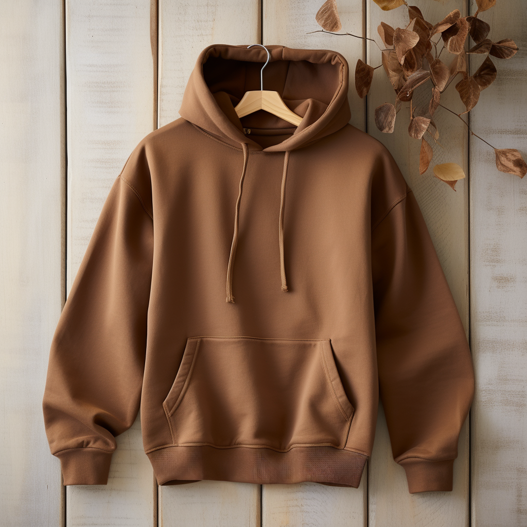 A neatly folded hoodie on a wooden table, emphasizing organic brown hues with a subtle backdrop of warm neutrals.
