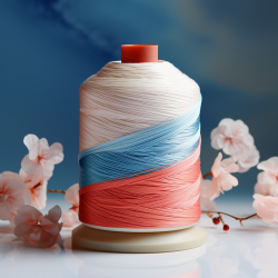 A spool of organic cotton thread placed on a white surface, with soft blue and natural coral accents around.