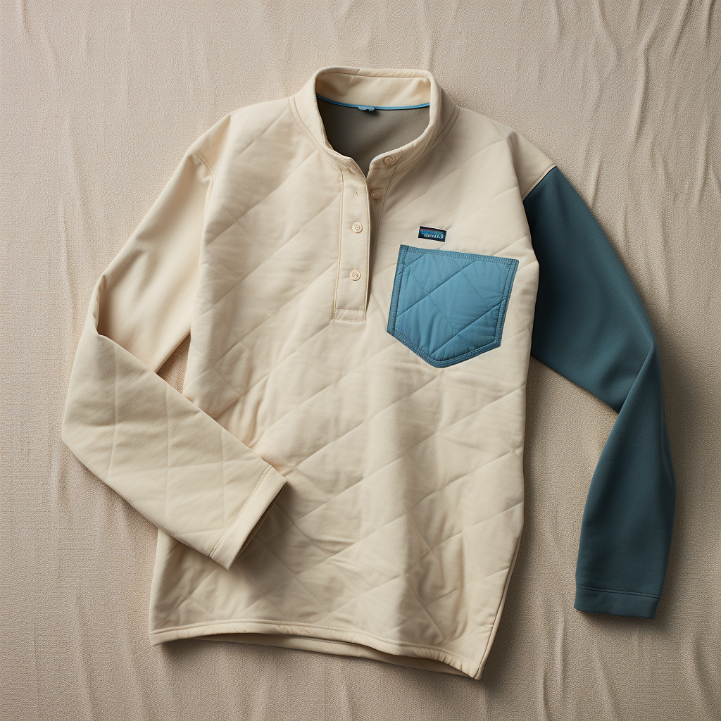 A top-down view of the women's Patagonia Organic Cotton Quilt Snap T Pullover, set against an off-white backdrop with soft blue and earthy green accents.