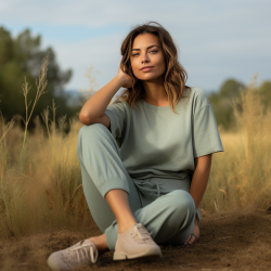 A woman wearing organic cotton joggers, sitting in a relaxed pose with soft blue and earthy green surroundings.