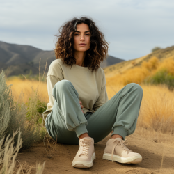 A woman wearing organic cotton joggers, sitting in a relaxed pose with soft blue and earthy green surroundings.