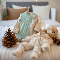 Baby organic cotton coat style holiday sleep & play outfit folded on a bed with earthy green and soft blue bedding.