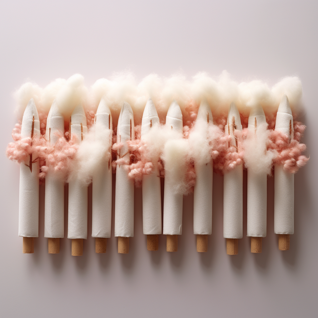 Cotton tampons arranged on a white surface, accented with natural coral branding or labels.