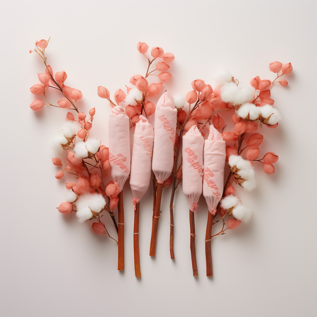 Cotton tampons arranged on a white surface, accented with natural coral branding or labels.
