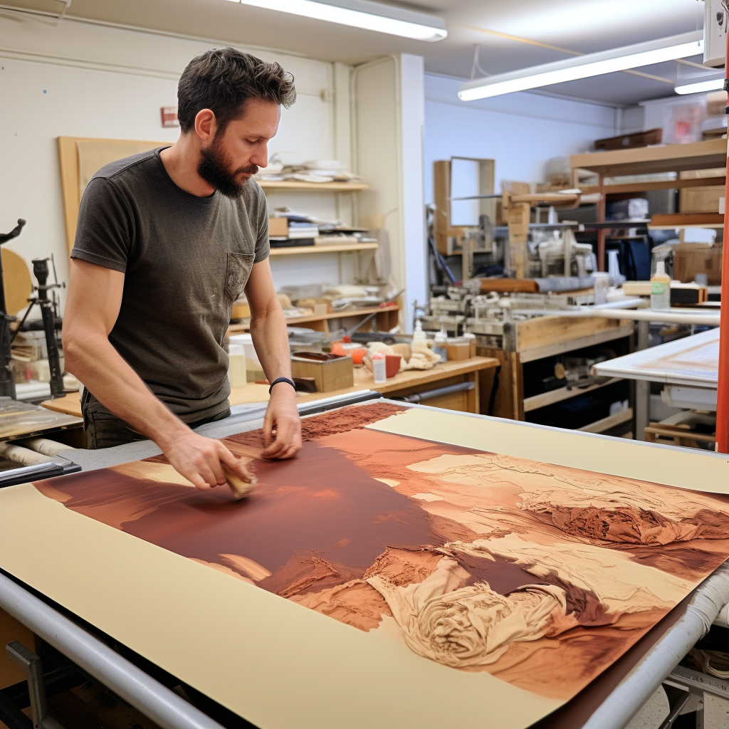 Hands screen printing an organic cotton T-shirt, emphasizing the warm neutrals and organic browns of the materials.