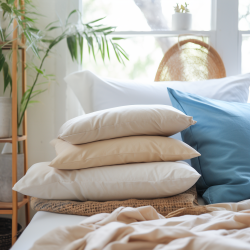 Organic cotton pillowcases stacked on a bed with an off-white comforter, adding soft blue and natural coral throw pillows for contrast.