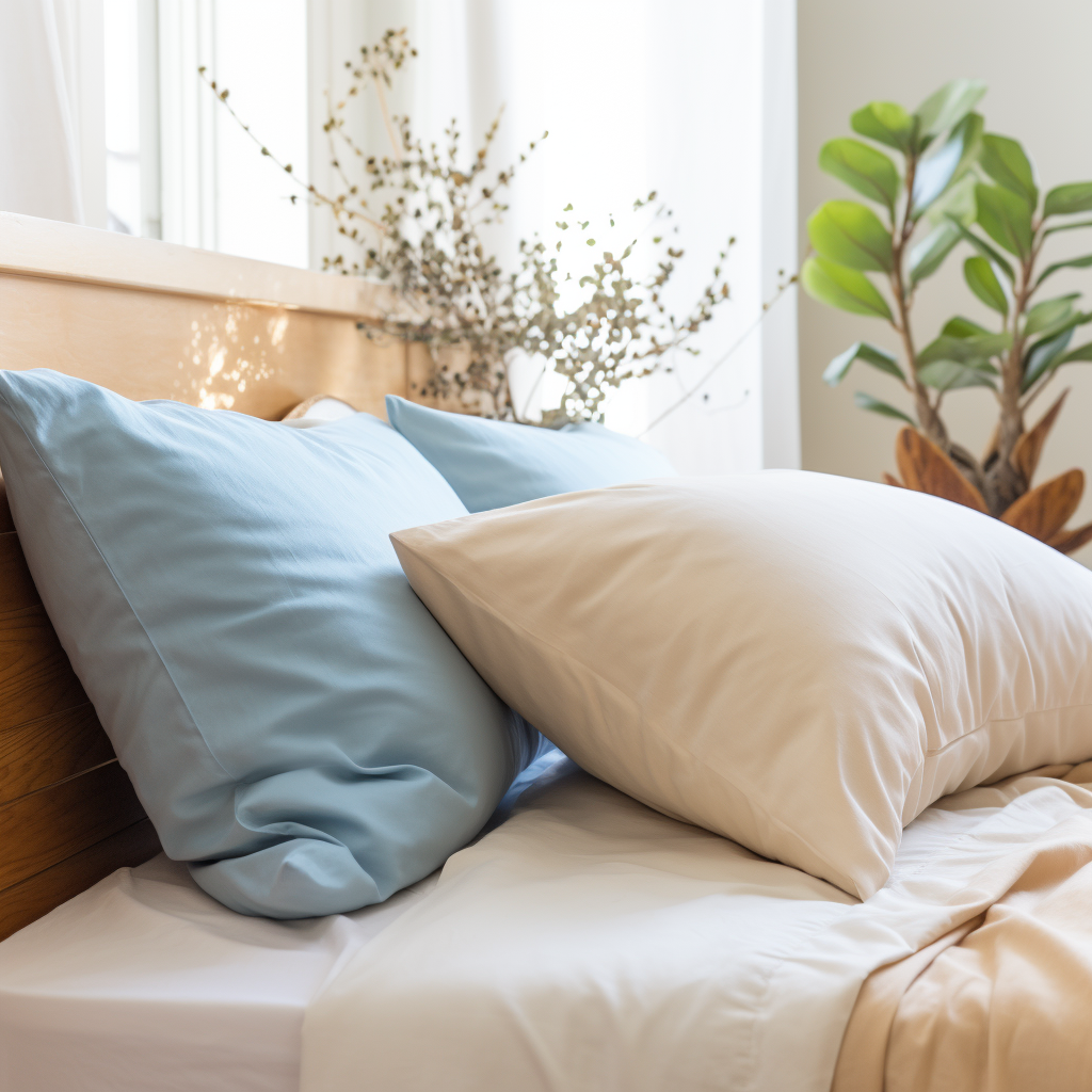 Organic cotton pillowcases stacked on a bed with an off-white comforter, adding soft blue and natural coral throw pillows for contrast.