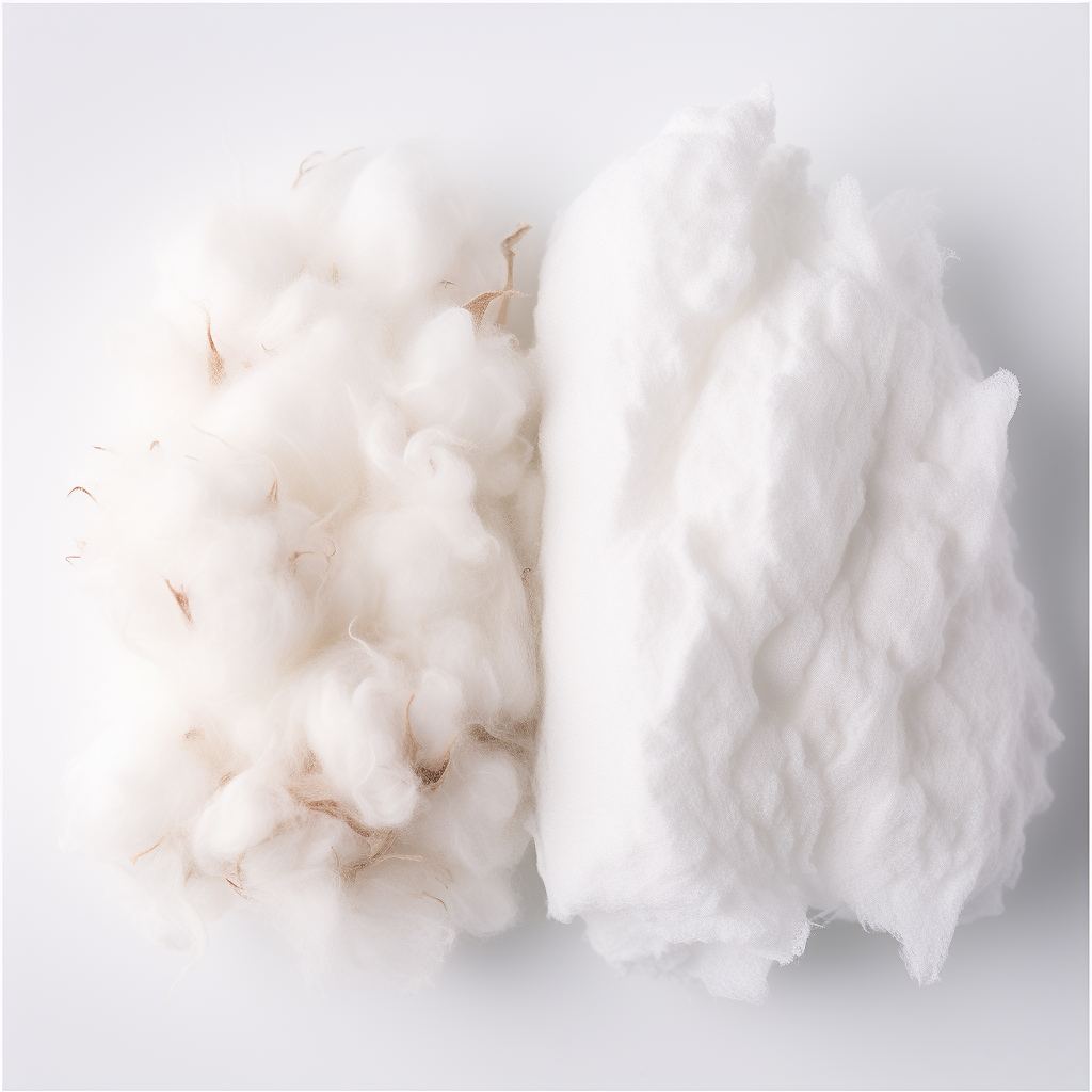 Side by side comparison of raw organic cotton and regular cotton, set against a pure white background.